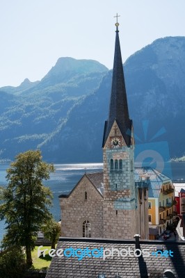 View Of The Evangelical Parish Church In Hallstatt Stock Photo