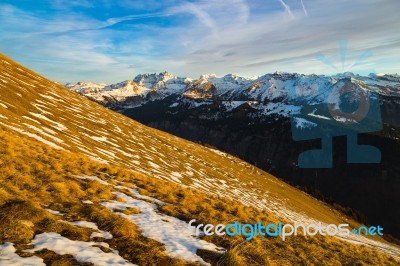View Of The French Alps With Colorful Sky Stock Photo