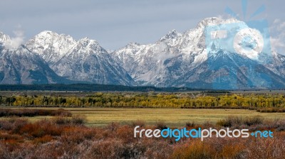 View Of The Grand Teton Mountain Range Stock Photo