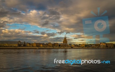 View Of The Old Town Of Riga From The River Side Stock Photo