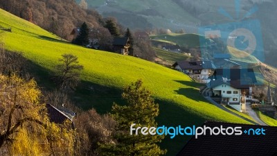 View Of Villanders At Dawn Stock Photo