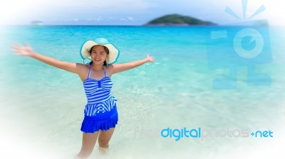 Vignette Blur Background Woman On Beach In Thailand Stock Photo