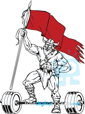 Viking Warrior Barbell Waving Flag Retro Stock Image