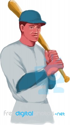 Vintage Baseball Player Bat Watercolor Stock Image