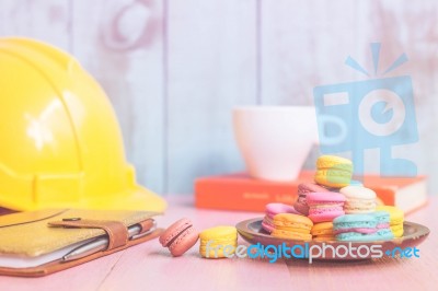 Vintage Colorful  Macarons On Pink Wooden Background Stock Photo