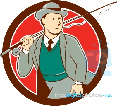 Vintage Fly Fisherman Bowler Hat Cartoon Stock Image