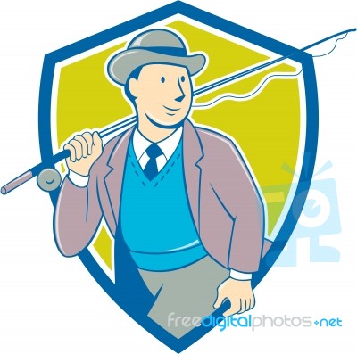 Vintage Fly Fisherman Bowler Hat Shield Cartoon Stock Image