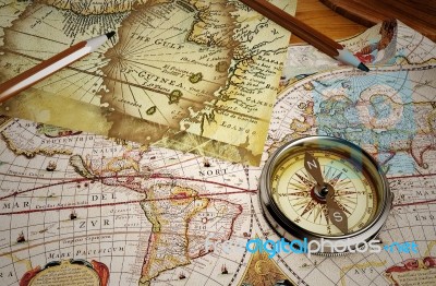 Vintage Map And Vintage Compass Stock Image