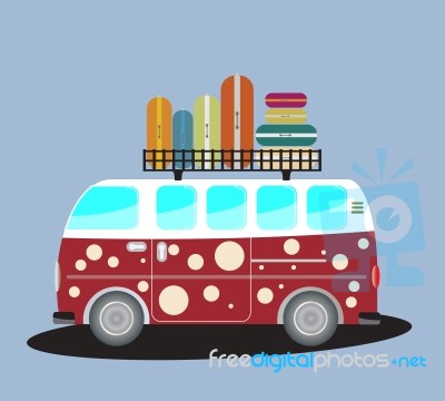  Vintage Passenger Van Car With Bag On Roof Stock Image