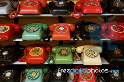 Vintage Phone Arrange On The Shelve Stock Photo