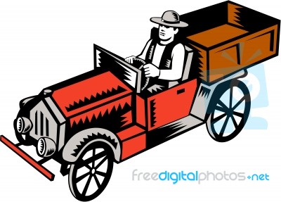 Vintage Pick Up Truck Driver Woodcut Stock Image