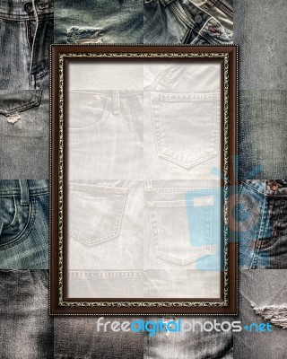 Vintage Picture Frame On Collage Jeans Stock Photo