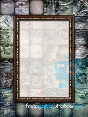 Vintage Picture Frame On Collage Jeans Stock Photo