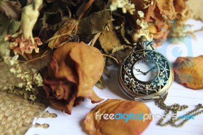 Vintage Pocket Watch With Dry Rose Stock Photo