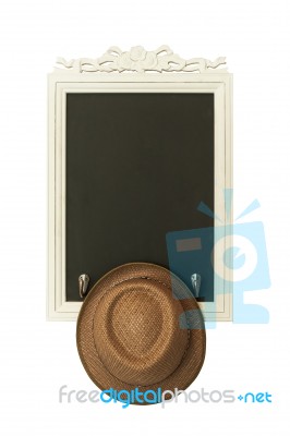 Vintage Slate Chalk Board With Brown Hat On The White Background… Stock Photo