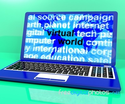 Virtual World Words On Laptop Showing Global Internet Stock Image