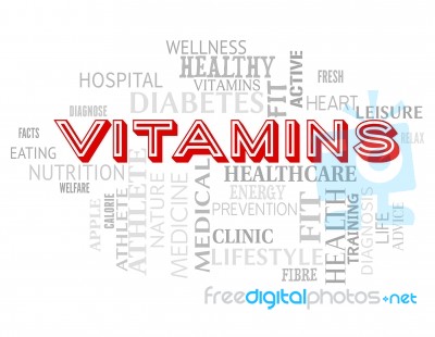 Vitamins Words Indicate Nutritional Supplements And Multivitamin… Stock Image