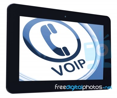 Voip Tablet Means Voice Over Internet Protocol Or Broadband Tele… Stock Image