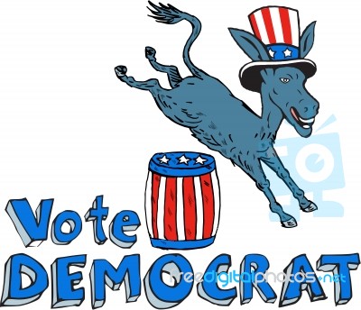 Vote Democrat Donkey Mascot Jumping Over Barrel Cartoon Stock Image