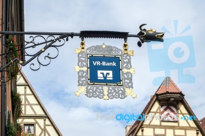 Vr-bank Hanging Signs In Rothenburg Stock Photo