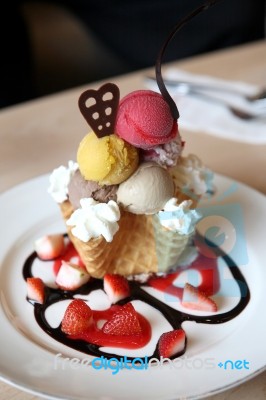 Waffles With Ice Cream And Fruits Stock Photo