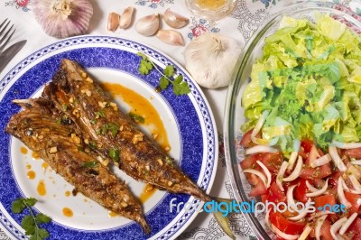 Wahoo Grilled Fish Meal Stock Photo