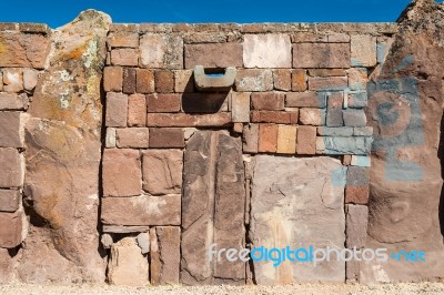 Wall At Tiwanaku, Titicaca Region, Altiplano, Bolivia Stock Photo