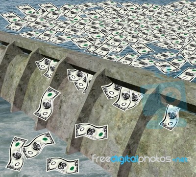 Water Dam With Money Flowing Water Stock Image