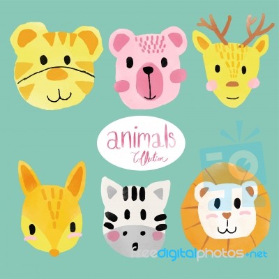 Watercolour Cute Animal Faces Stock Image
