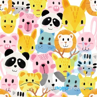 Watercolour Cute Animal Faces Pattern Seamless Stock Image