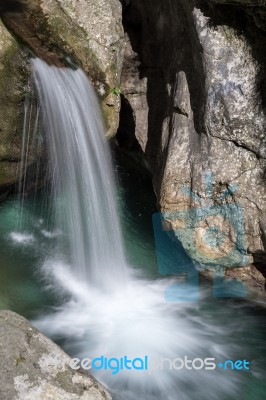 Waterfall At The Val Vertova Torrent Lombardy Near Bergamo In It… Stock Photo