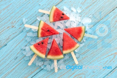 Watermelon Popsicle Yummy Fresh Summer Fruit Sweet Dessert Wood Stock Photo