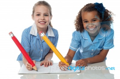 We Are Writing Our Assignment Stock Photo