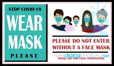 Wear Surgical Mask Sign And Symbol. Medical Mask. The Sign For Wearing Face Covering To Prevent The Spread Of Covid-19. Please Do Not Enter Without A Face Covering Stock Photo