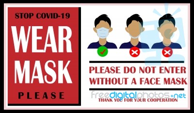 Wear Surgical Mask Sign And Symbol. Medical Mask. The Sign For Wearing Face Covering To Prevent The Spread Of Covid-19. Please Do Not Enter Without A Face Covering Stock Photo