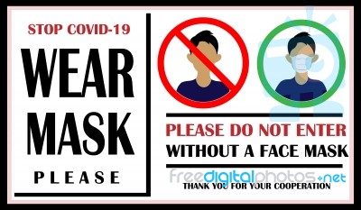 Wear Surgical Mask Sign And Symbol. Medical Mask. The Sign For Wearing Face Covering To Prevent The Spread Of Covid-19. Please Do Not Enter Without A Face Covering Stock Photo