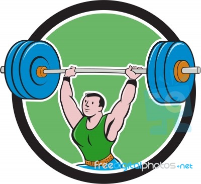 Weightlifter Lifting Barbell Circle Cartoon Stock Image