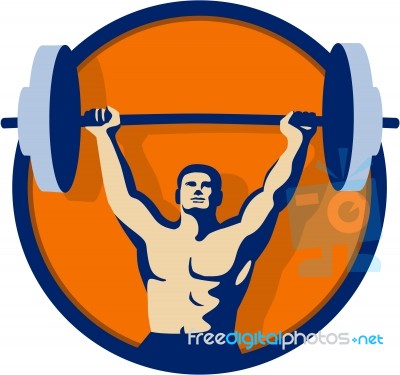 Weightlifter Lifting Barbell Circle Retro Stock Image