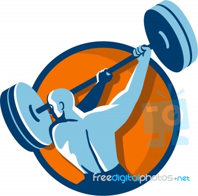 Weightlifter Swinging Barbell Back View Circle Retro Stock Image