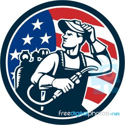 Welder Looking Side Usa Flag Circle Retro Stock Image