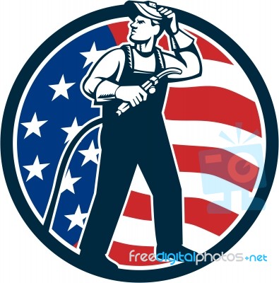 Welder Standing Visor Up Usa Flag Circle Retro Stock Image