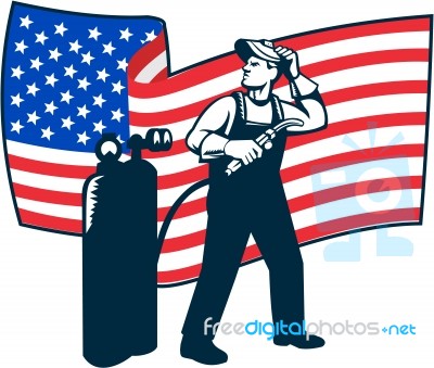 Welder Standing Visor Up Usa Flag Wavy Retro Stock Image