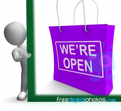 We're Open Shopping Bag Sign Shows New Store Launch Stock Image