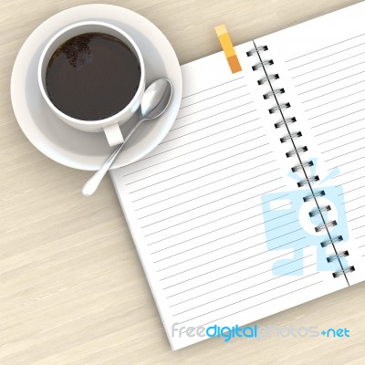 White Cup Of Hot Coffee And White Sketch Book On Wood Table Stock Image