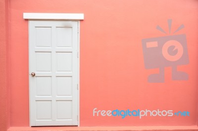 White Door Classic Vintage On The Color Pink Wall Background Stock Photo