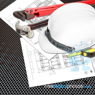 White Helmet Of Inspectors Or Engineer Constructor With Blueprint Stock Photo