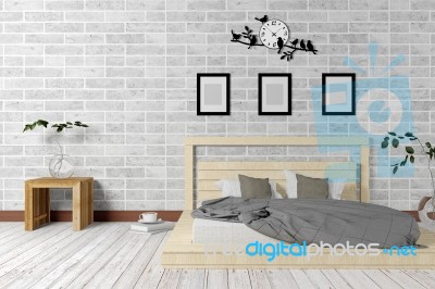 White Minimal And Loft Style Bedroom Interior In Simple Living Concept Stock Image