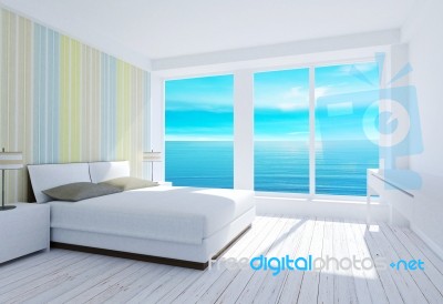 White Modern Loft Bedroom Interior With Sea View Stock Image