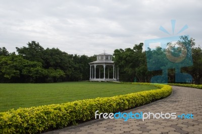 White Pavilion In The Garden Stock Photo