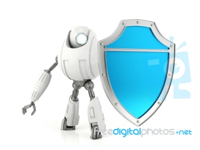 White Robot Holding Blue Shield Stock Image White Robot Holding Blue Shield Stock Image